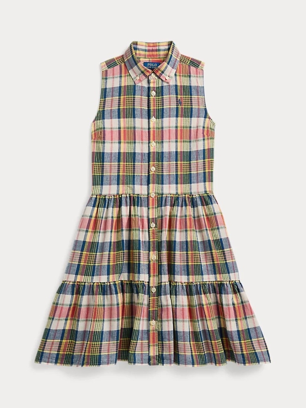Polo by Ralph Lauren Pink, Blue & Yellow Plaid Tiered Shirt Dress